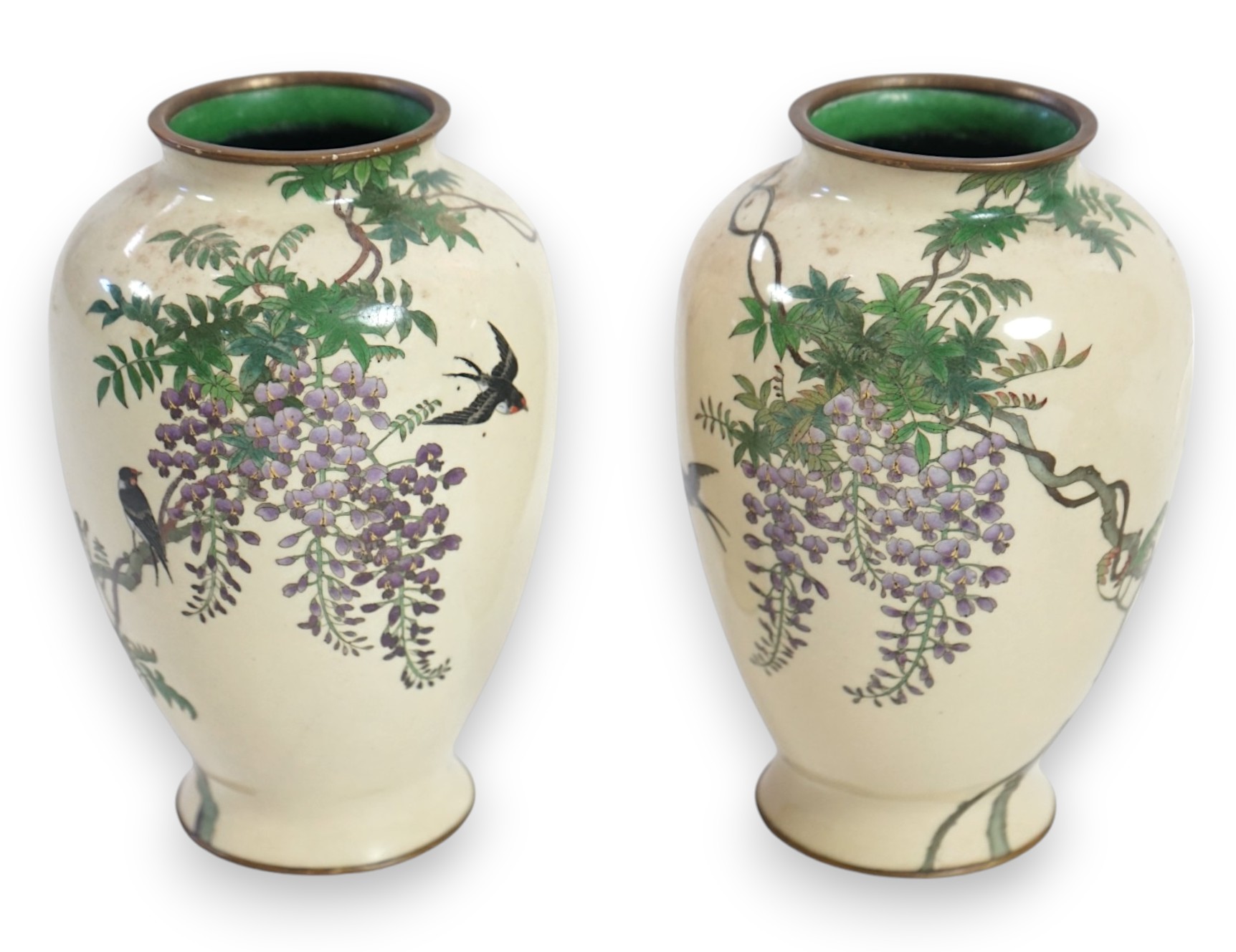 A pair of Japanese silver wire cloisonné enamel vases, late Meiji